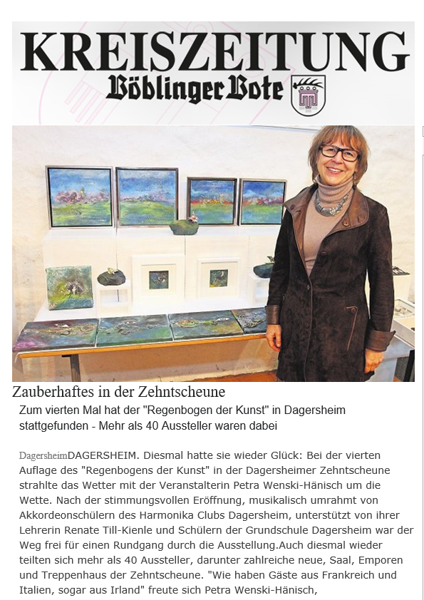 Artikel in der Kreiszeitung Böblinger Bote zum Regenbogen der Kunst in der Zehntscheune in Dagersheim 2017.