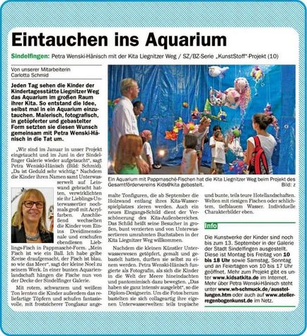 Artikel in der SZ/BZ zu kids@kita Kunst-Projekt im Jahr 2017 mit Bild der Kunstgruppe, die von Petra Wenski-Hänisch geleitet wurde.