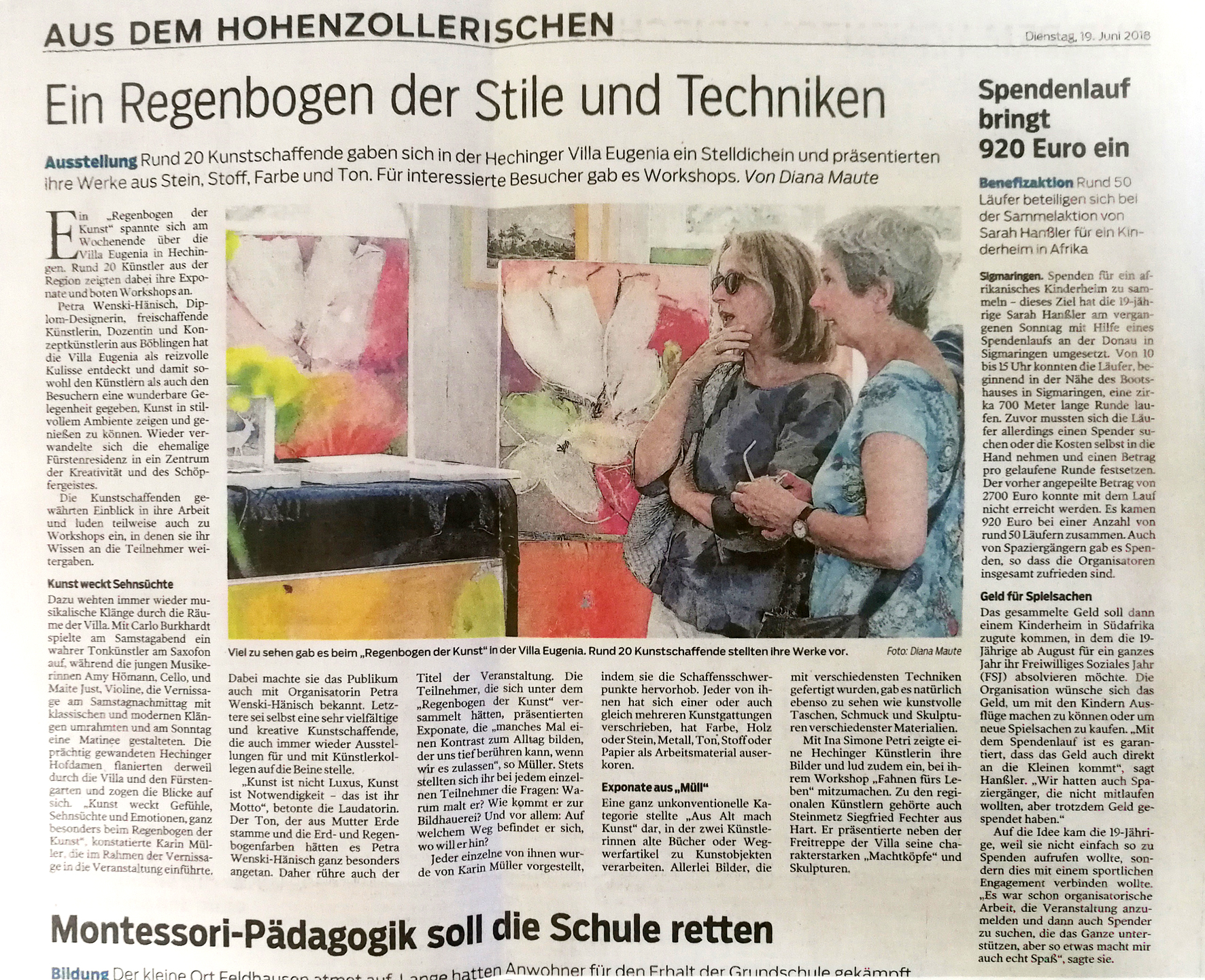 Artikel im Zollern Alb Kurier zum Regenbogen der Kunst in der Villa Eugenia in Hechingen 2018.