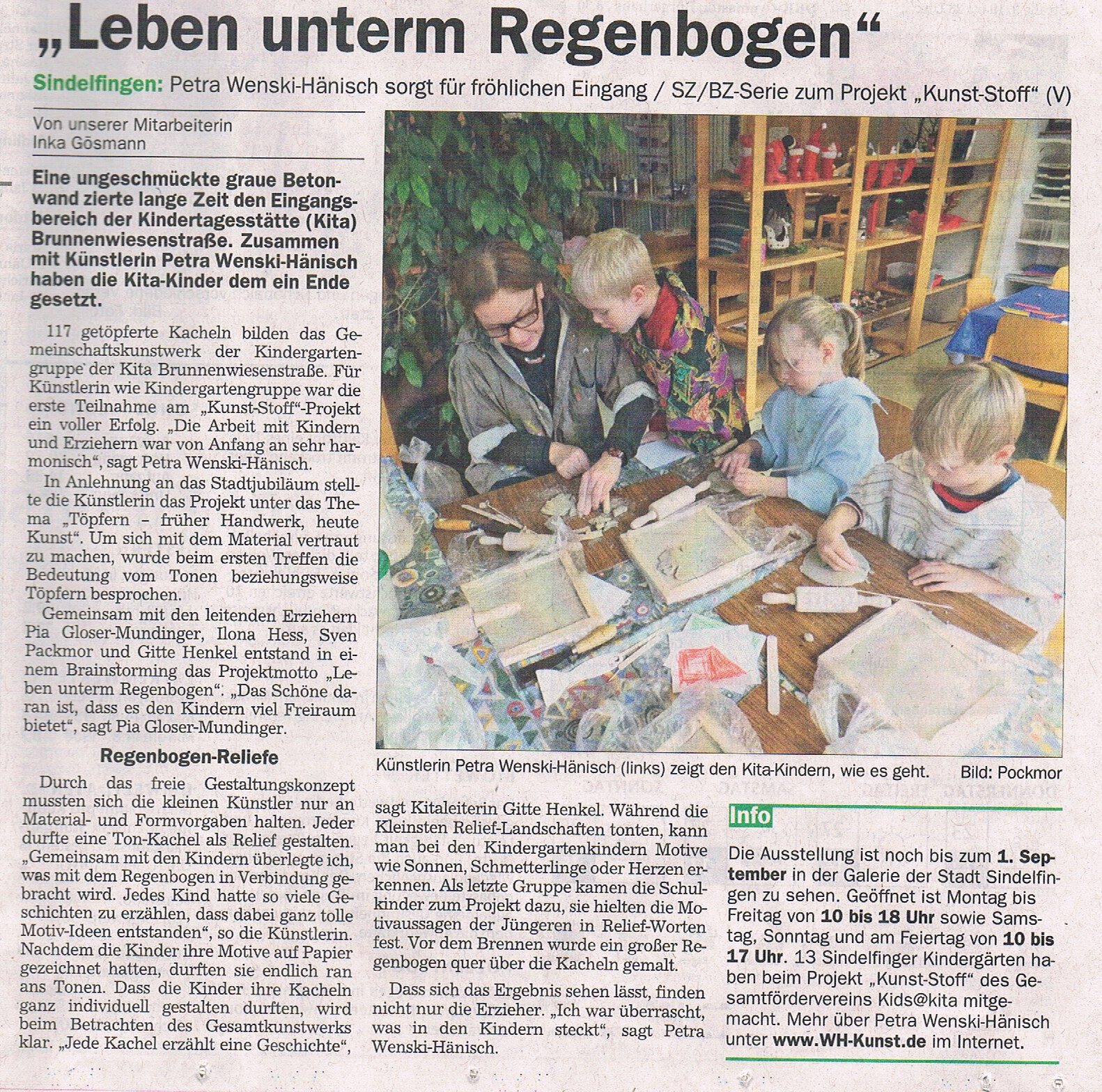 Artikel in der SZ/BZ zu kids@kita Kunst-Projekt im Jahr 2017, vor Ort im Kindergarten mit detailliertem Bericht über die entstandene Kunst und die Arbeit mit den Kindern. Das Bild zeigt Petra Wenski-Hänisch und Kinder aus dem Kindergarten.