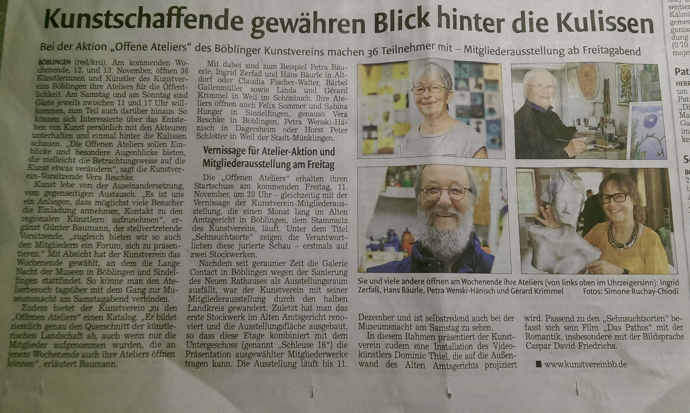 Artikel in der Kreiszeitung Böblingen über den Tag der offenen Ateliers des Kunstverein Böblingen 2016.